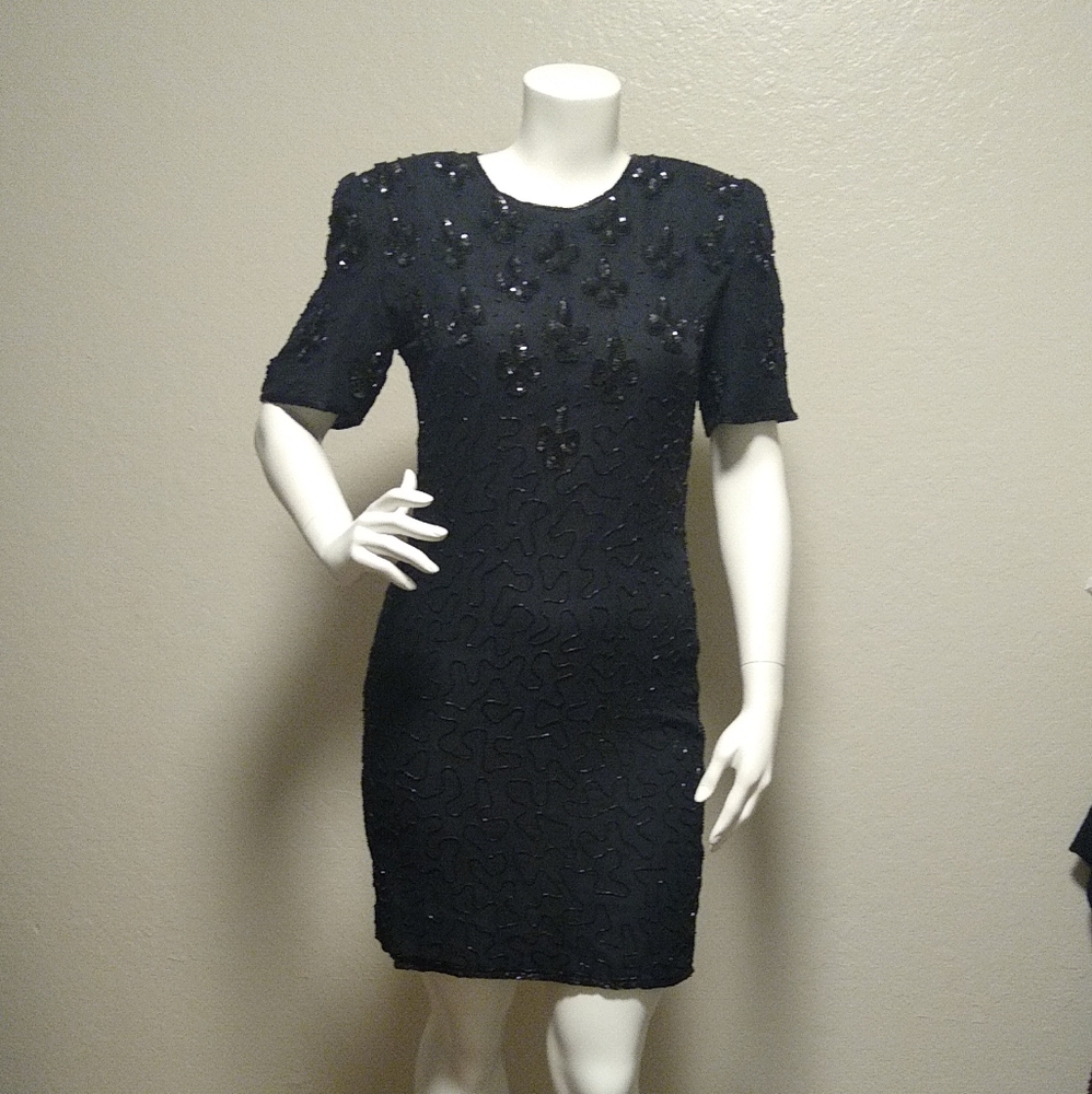 Black Malvin M Short Sleeve Formal Beads Vintage Dress